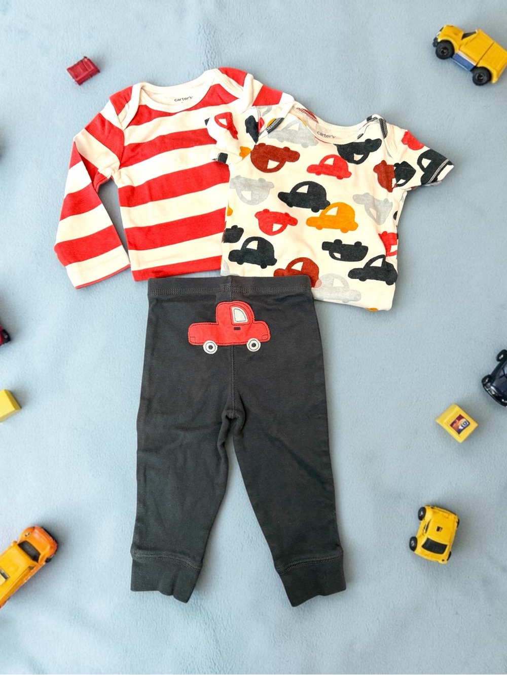 Carter's Red Stripe & Car Vehicle  Print 3-Piece Baby Set 9M